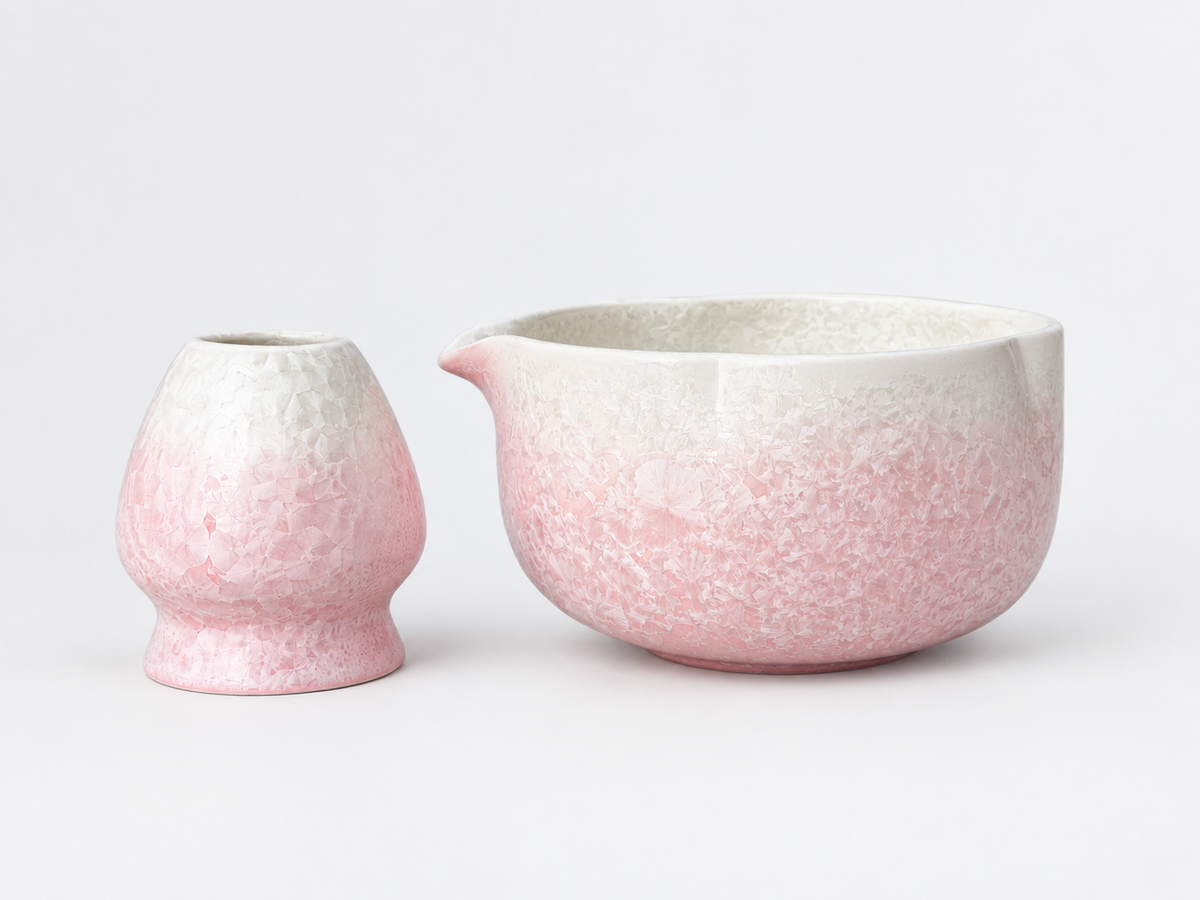 Pink ceramic matcha bowl and whisk holder set – Sakura