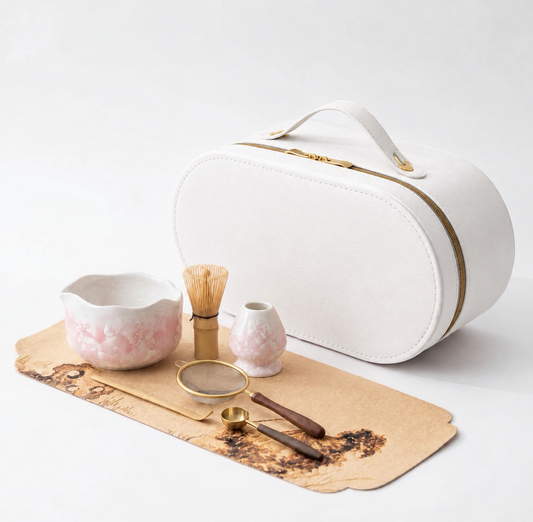 Pink sakura matcha travel set with carry case
